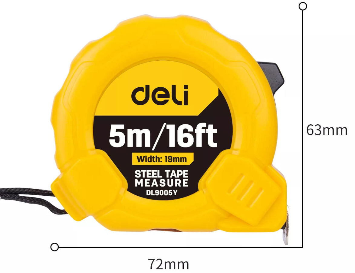Miara zwijana DELI TOOLS EDL9005Y (5 m), waga, obudowa, wymiary, nierdzewne, na białym tle miara z podaniem jej wymiarów