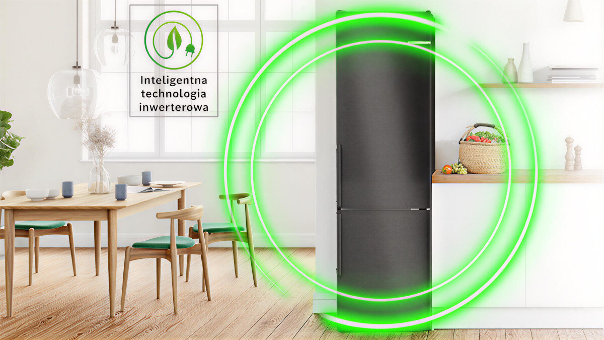 LODÓWKA BOSCH KGN39LBCF BLACK Drugie zdjęcie pokazuje lodówkę w jasnym wnętrzu, otoczoną zieloną poświatą symbolizującą inteligentną technologię inwerterową. W lewym górnym rogu umieszczono grafikę z jej opisem inwerter cicha praca oszczędność trwałość