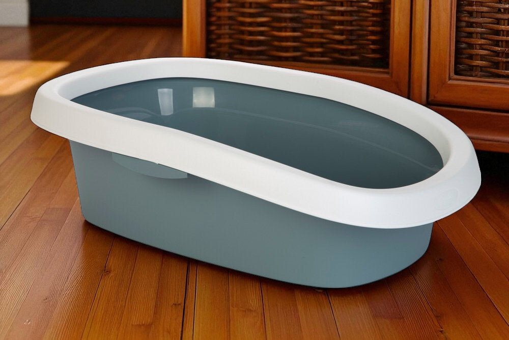 Kuweta dla kota STEFANPLAST Sprint 20 965702 Niebieski postawiona na podłodze w domu w tle meble rośliny