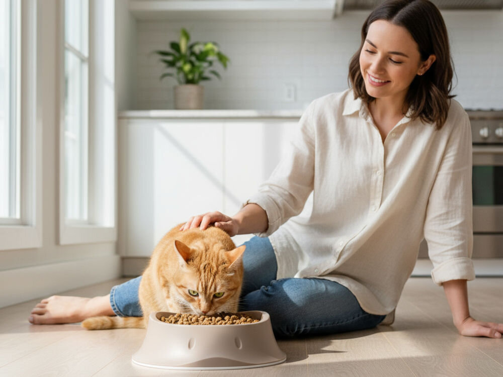 Miska dla psa i kota ZOLUX 475320 Jasnobrązowa miska dla psa o pojemności 350 ml, wykonana z gładkiego materiału, z lekko nachylonymi bokami i zaokrąglonymi krawędziami z miski je kot, w tle jasna kuchnia