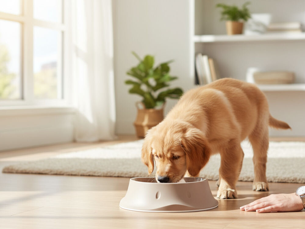 Miska dla psa i kota ZOLUX 475320  Jasnobrązowa miska dla psa o pojemności 350 ml, wykonana z gładkiego materiału, z lekko nachylonymi bokami i zaokrąglonymi krawędziami z miski je szczenię w tle jasny salon