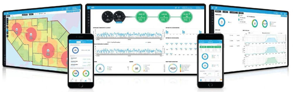 Rejestrator UBIQUITI UNVR-Pro-EU pokazanie oprogramowania na ekranach i telefonach UniFi OS Console zarządzanie rejestratorem przeglądanie wideo w czasie rzeczywistym zautomatyzowana konfiguracja Plug-and-Play