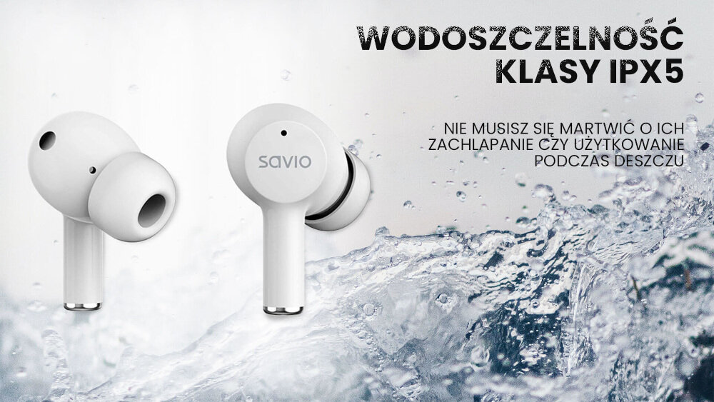 Słuchawki dokanałowe SAVIO TWS ANC-101 odporność trwałość sterowanie