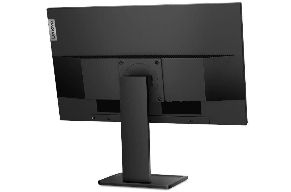 Monitor LENOVO ThinkVision E24q-20 23.8 cala 2560x1440px IPS 4 ms prezentacja monitora na białym tle od tyłu pod kątem regulowana podstawa podnoszenie pochylanie obracanie odpowiednia pozycja regulowana wysokość do 155 mm ergonomiczny komfort