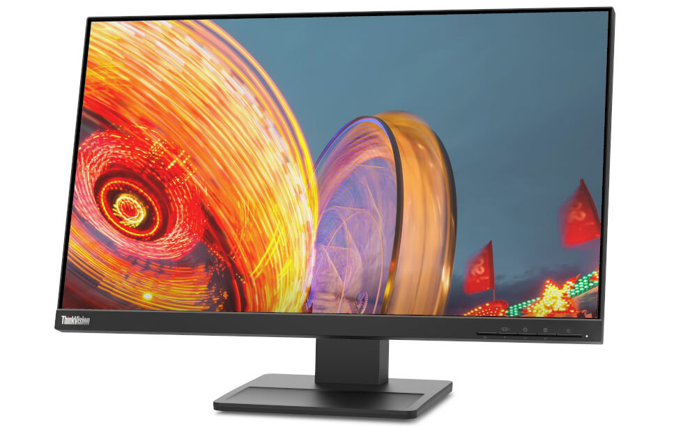 Monitor LENOVO ThinkVision E24q-20 23.8 cala 2560x1440px IPS 4 ms prezentacja monitora na białym tle od frontu pod kątem niska emisja światła niebieskiego Natural Low Blue Light certyfikat TÜV Rheinland Low Blue Light Eyesafe chroni oczy