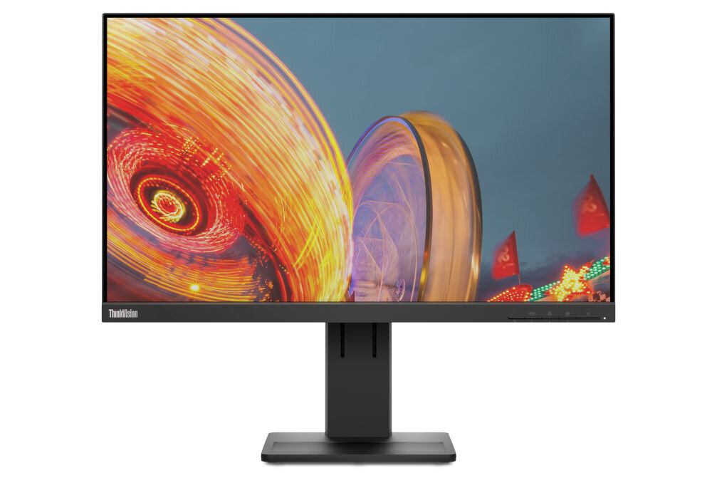 Monitor LENOVO ThinkVision E24q-20 23.8 cala 2560x1440px IPS 4 ms prezentacja monitora na białym tle front wbudowane głośniki wyjście audio zgodny z systemem VESA montaż na ścianie stacji roboczej ThinkCentre Tiny lub Nano optymalizacja miejsca roboczego