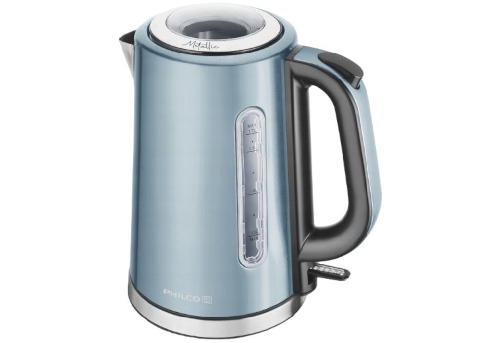 Czajnik PHILCO PHWK 1738 Turkusowy komfortowa obsluga funkcja podtrzymania ciepla obrotowa podstawa ergonomiczny uchwyt pokrywa otwierana wskaznik poziomu wody