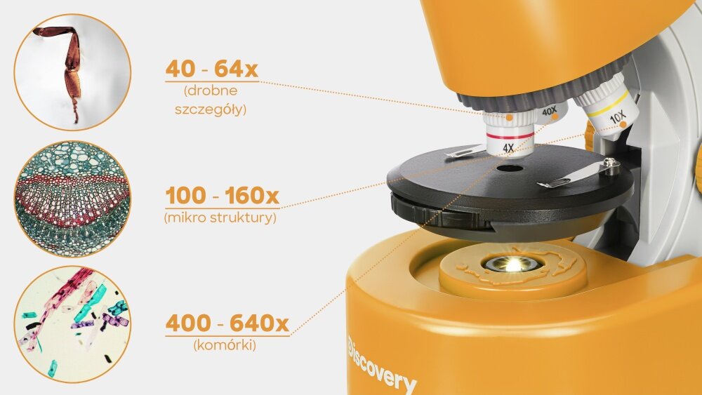 Mikroskop DISCOVERY Micro z książką układ optyczny obiektywy konstrukcja lekkość preparaty zasilanie bateryjne książka edukacyjna głowica nachylenie okular dwupozycyjny