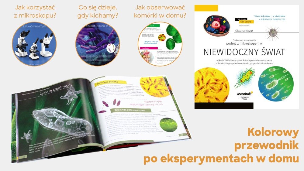 Mikroskop DISCOVERY Micro z książką układ optyczny obiektywy konstrukcja lekkość preparaty zasilanie bateryjne książka edukacyjna głowica nachylenie okular dwupozycyjny