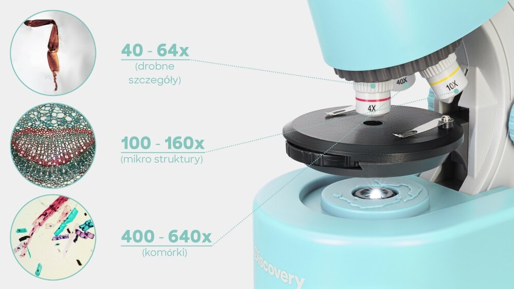 Mikroskop DISCOVERY Micro z książką układ optyczny obiektywy konstrukcja lekkość preparaty zasilanie bateryjne książka edukacyjna głowica nachylenie okular dwupozycyjny