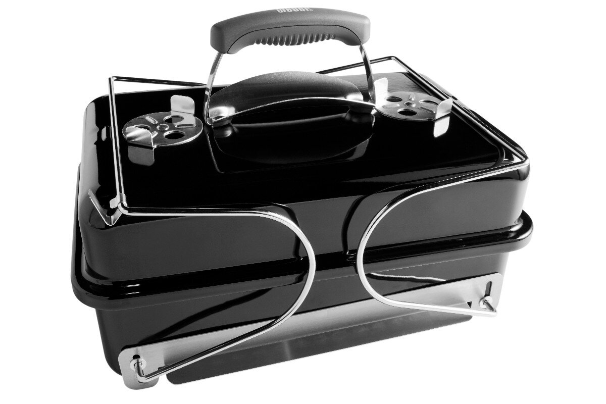 Grill węglowy WEBER Go-Anywhere 1131004, nóżki, pokrywa, transport, uchwyt, Grill Weber Go-Anywhere złożony do transportu z blokadą pokrywy.