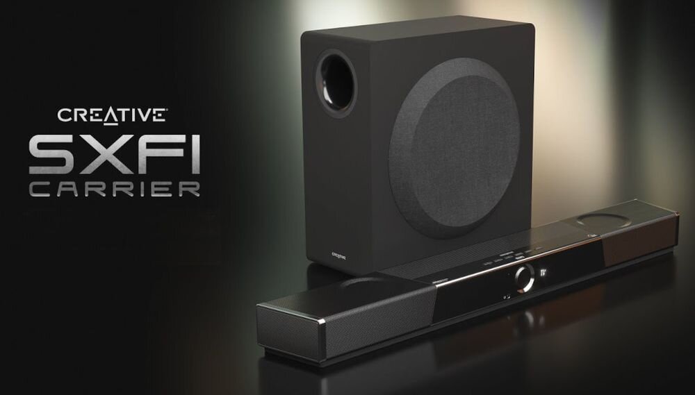 Soundbar komputerowy CREATIVE SXFI Carrier Dolby Atmos kino domowe dźwięk przestrzenny, urządzenie na czarnym tle