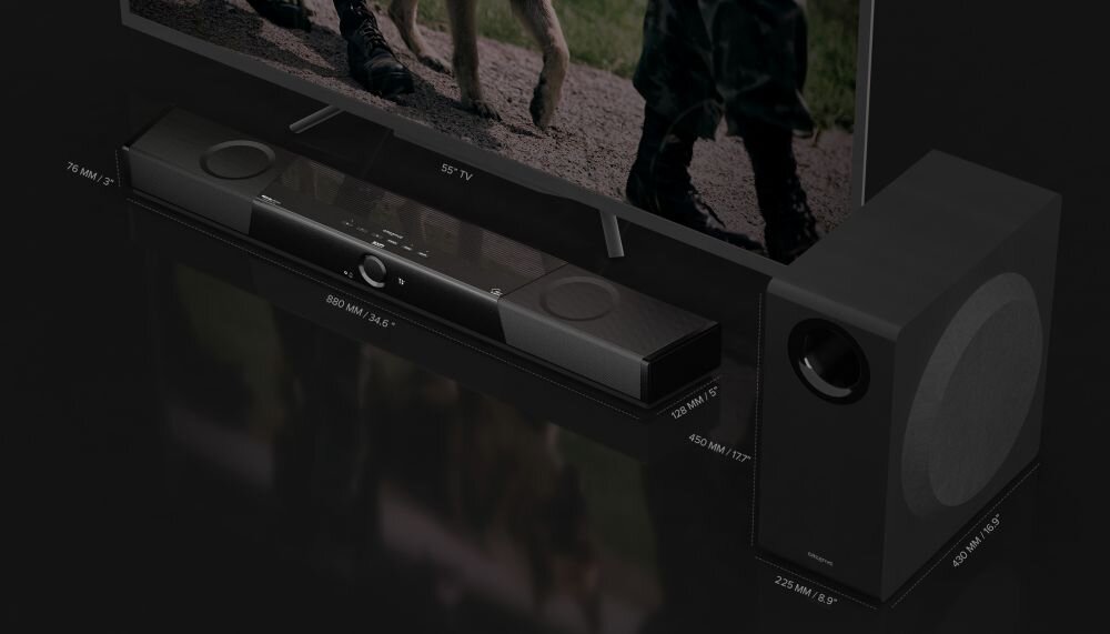 Soundbar komputerowy CREATIVE SXFI Carrier Super X-Fi dźwięk przestrzenny przez słuchawki seans nocny, soundbar z subwooferem pod skosem stojacy na czarnym blacie
