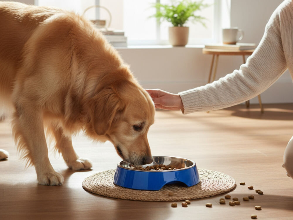 Zestaw misek ZIPPY ZZK-2261 Niebiesko-srebrny pies jedzący z miski w tle przytulne pomieszczenie