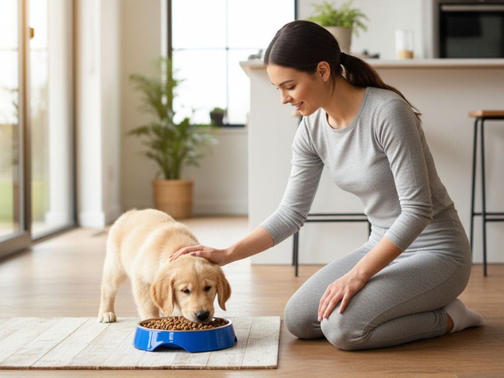 Zestaw misek ZIPPY ZZK-2261 Niebiesko-srebrny mały pies, szczenię, jedzący z miski w tle jasna kuchnia, obok głaszcząca psa osoba