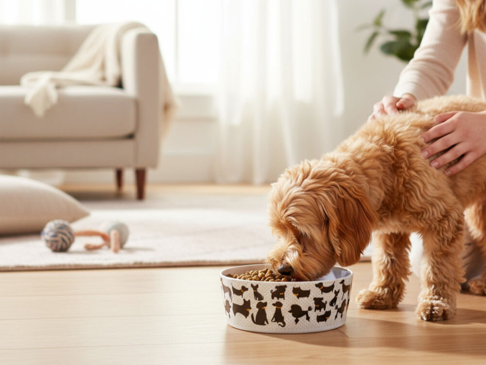 Miska ZIPPY ZZK-2261 mały pies jedzący z białej miska z czarnymi sylwetkami psów na zewnętrznej powierzchni, ozdobionej drobnymi, kolorowymi kropkami