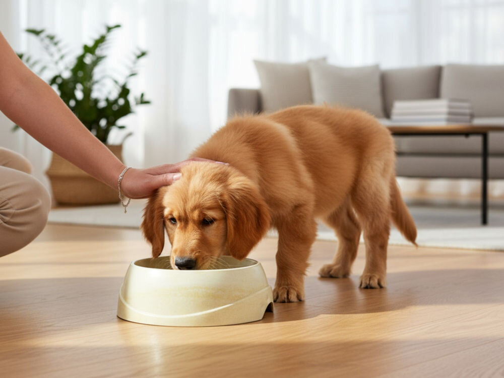 Miska dla psa i kota ZIPPY ZZPN-1925 szczeniak jedzący z beżowej miski, obok osoba siedząca koło psa