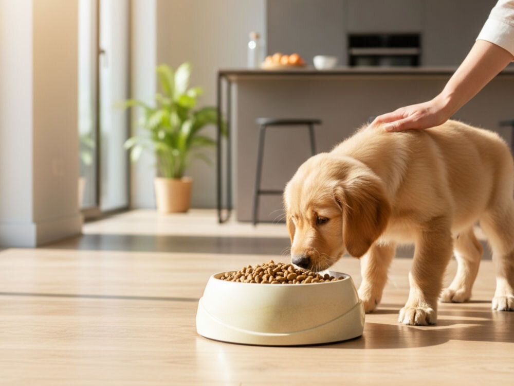 Miska dla psa i kota ZIPPY ZZPN-1925 mały pies jedzący z białej miska z czarnymi sylwetkami psów na zewnętrznej powierzchni, ozdobionej drobnymi, kolorowymi kropkami