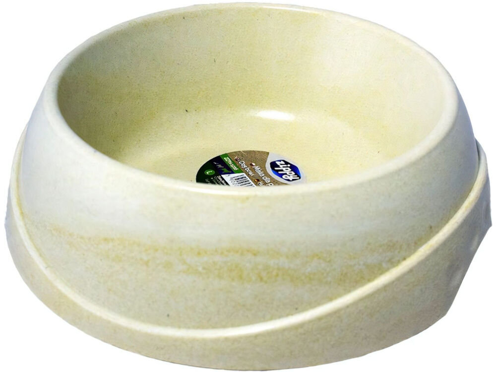 Miska dla psa i kota ZIPPY ZZPN-1925 Biała miska z czarnymi sylwetkami psów na zewnętrznej powierzchni, ozdobiona drobnymi, kolorowymi kropkami. Wnętrze miski jest gładkie i jednolicie białe