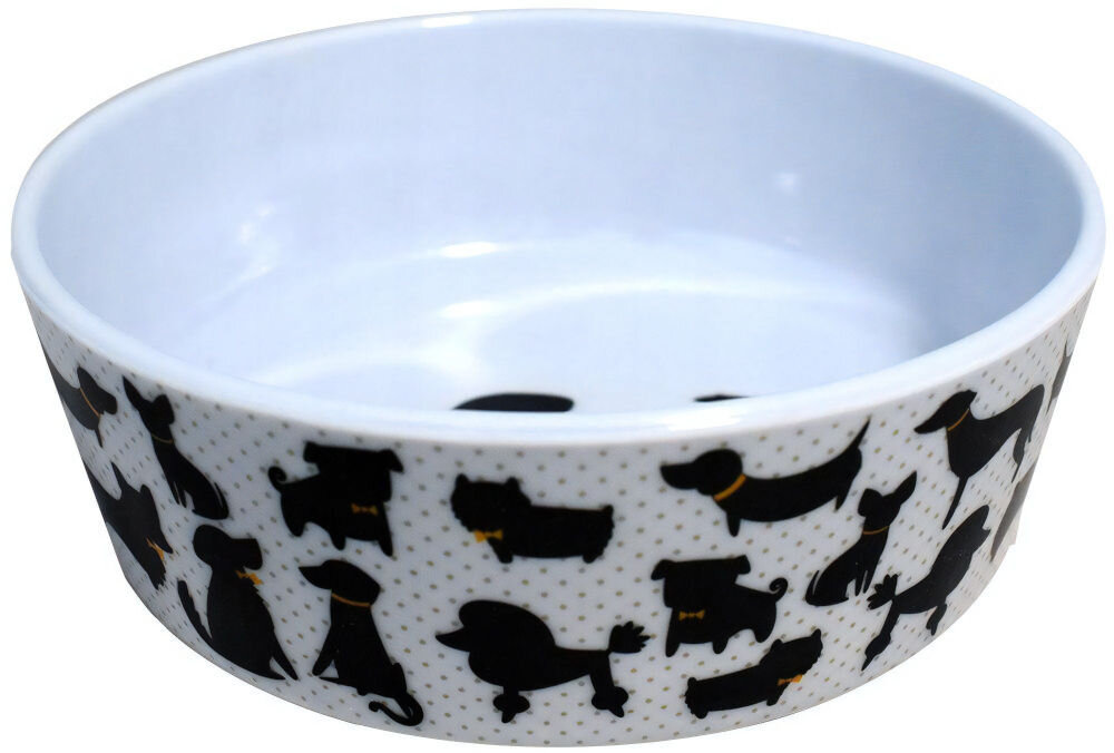 Miska ZIPPY ZZK-2261 Biała miska z czarnymi sylwetkami psów na zewnętrznej powierzchni, ozdobiona drobnymi, kolorowymi kropkami. Wnętrze miski jest gładkie i jednolicie białe