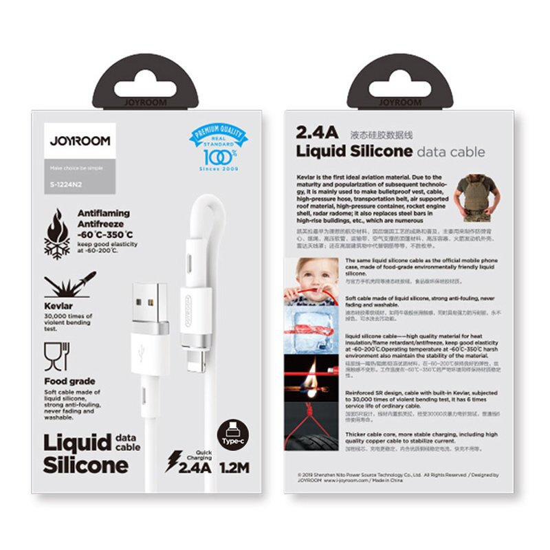 Opakowanie kabla USB/Lightning z logo \'JOYROOM\' i informacjami o produkcie, w tym \'Liquid Silicone data cable\', \'2.4A\', \'1.2M\', oraz cechami jak \'Antiflame\', \'Kevlar\', \'Food grade\'. Widoczny jest obrazek kabla oraz kilka ikon i tekstów opisujących jego właściwości.