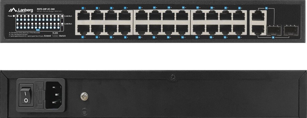 Switch LANBERG RSFE-24P-2C-360 Zbliżenie na przednią część obudowy z rzędami portów ethernetowych oraz diodami sygnalizacyjnymi umieszczonymi po lewej stronie