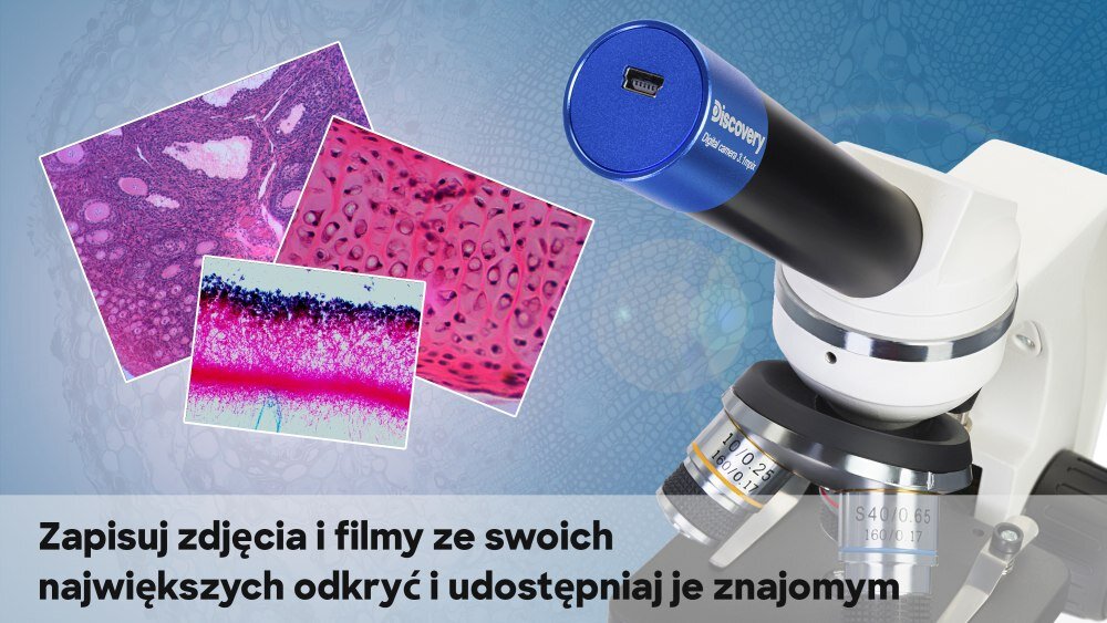 Mikroskop DISCOVERY Femto z kamerą cyfrową/książką Polar asystent doświadczenia nauka układy optyczne oświetlenie głowica precyzja regulacja ostrość książka konstrukcja