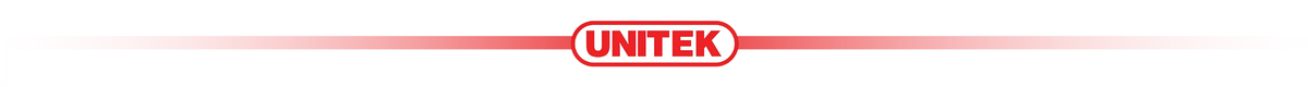 Logo UNITEK na białym tle z czerwonymi liniami po bokach, które stopniowo zanikają.