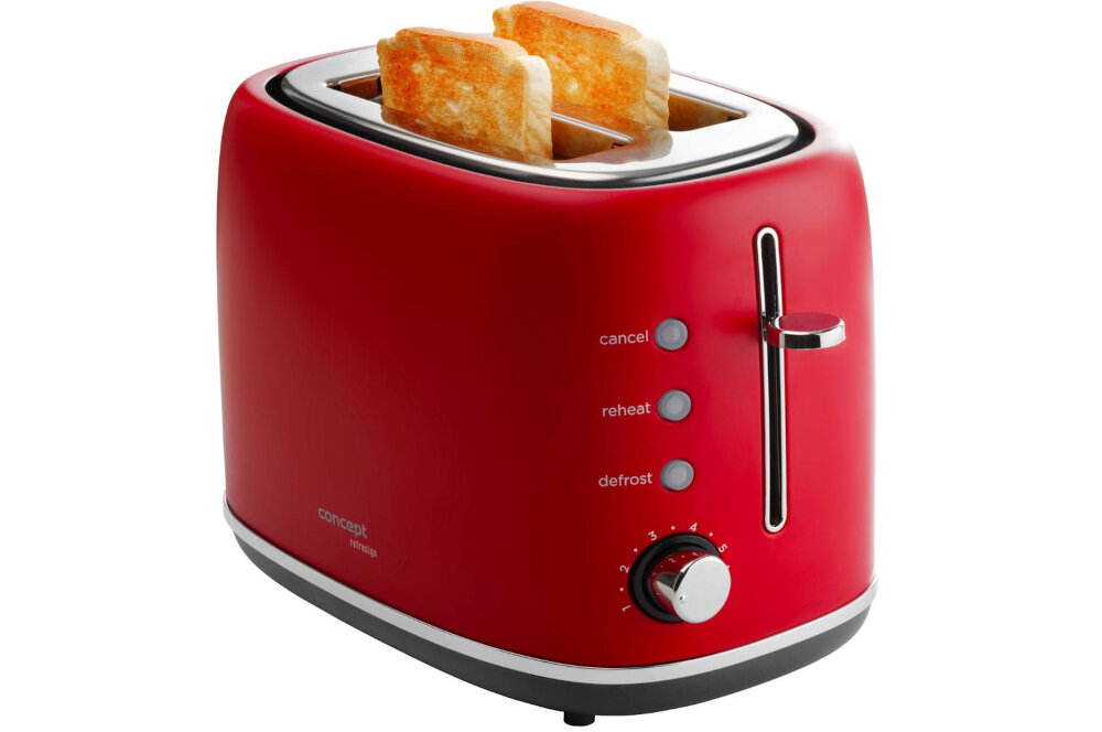 Toster CONCEPT Retrosign TE2062 Czerwony 3 funkcje dodatkowe Funkcja podgrzewania Funkcja rozmrazania Funkcja stopu