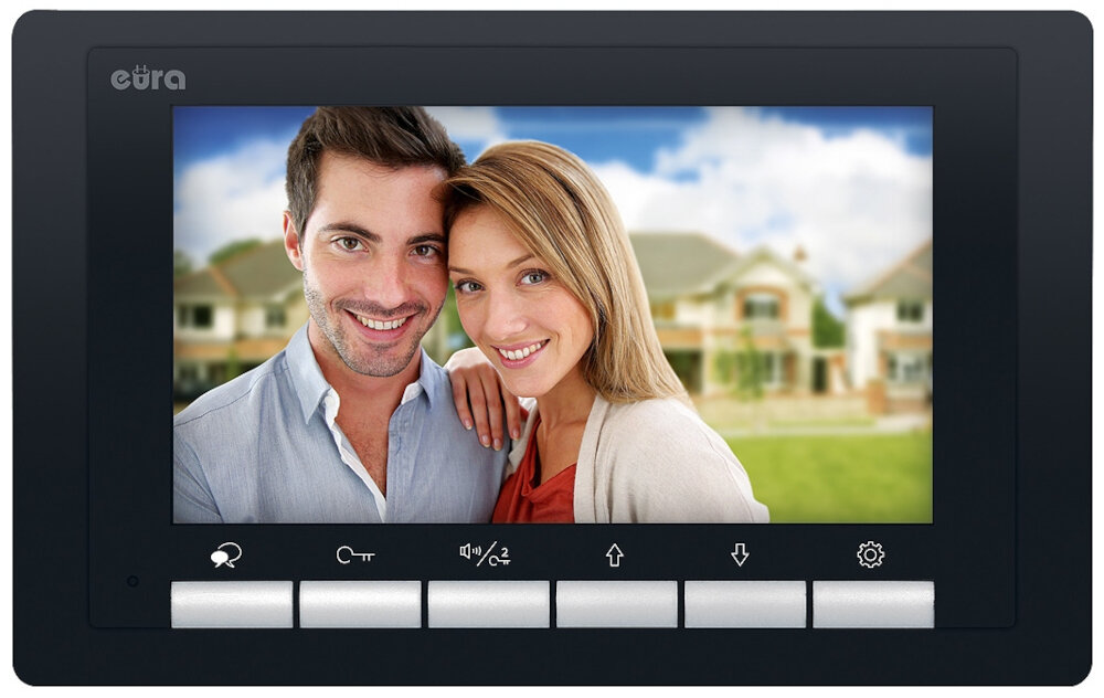 Wideodomofon EURA VDP-61A5 P Czarny monitor o przekroju 7 cali obraz doskonałej jakości w technologii TFT-LCD przyciski dwa niezalezne rygle elektromagnetyczne 20 melodii gongu