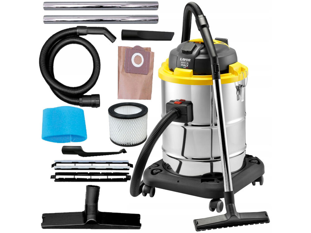 Odkurzacz warsztatowy LAVOR WTP 50 XE wąż ssawka filtry ssawka uniwersalna ssawka szczelinowa filtr gąbkowy filtr kardziżowy worek papierowy rury metalowe dokumentacja uchwyt do bitów 