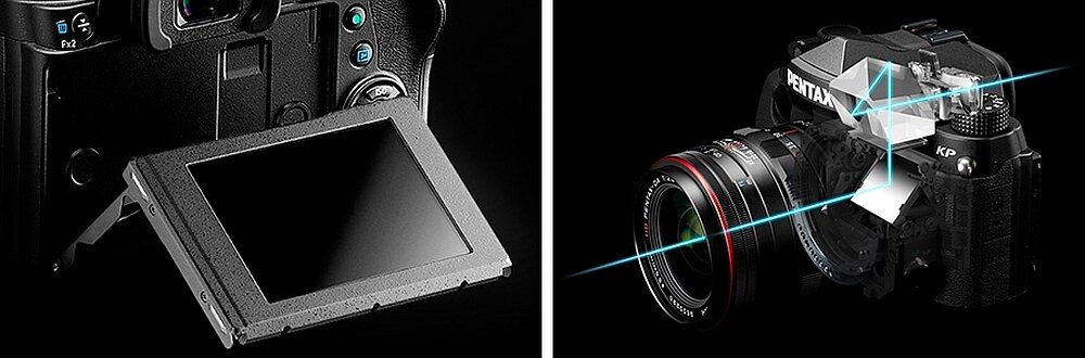 Aparat PENTAX KP matryca zdjęcia filmy pamięć rozdzielczość obiektyw af ostrość stabilizacja ekran wizjer funkcje korpus obsługa pokrętła opis specyfikacja bateria