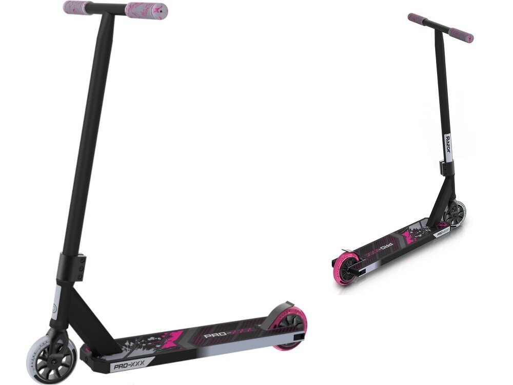 Hulajnoga RAZOR Pro XXX dla osób początkujących z myślą o wykonywaniu sztuczek kaskaderskich i tricków nowoczesny design ciekawe wzornictwo z aluminium w czarno-czerwonej kolorystyce dla osób powyżej 8 roku życia