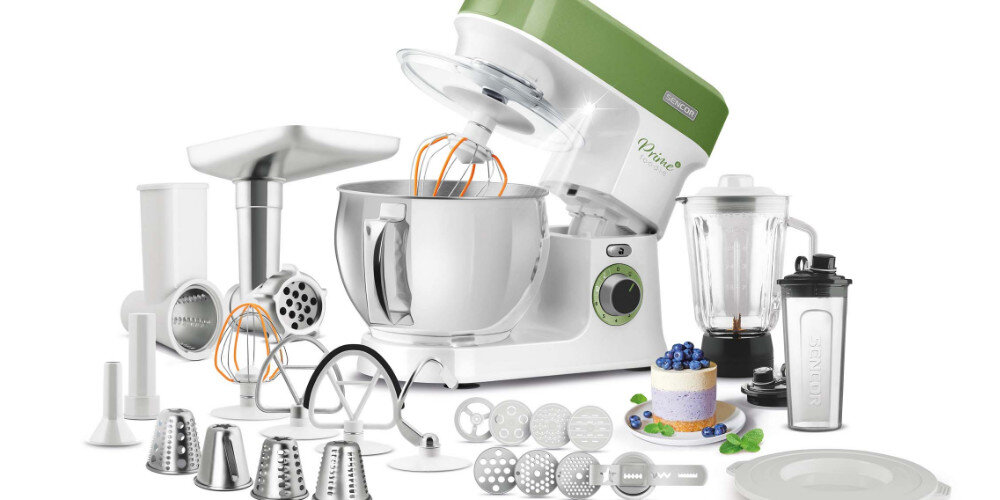 Robot kuchenny planetarny SENCOR STM 3780GG 1200W z blenderem kielichowym, maszynką do mięsa i szatkownicą Mocny silnik wszechstronny 4 różnych końcówek wymiesza ciasto mielenie krojenie siekanie ścieranie przygotowywanie