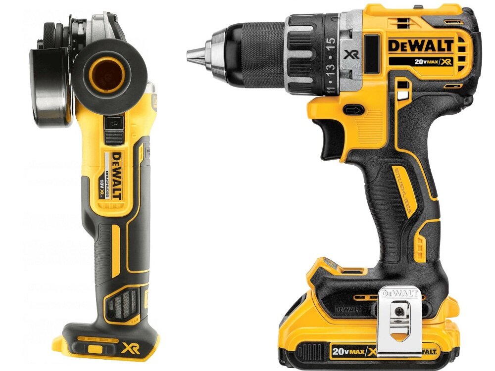 Zestaw DEWALT DCK2020P2T wiertarko-wkrętarka DCD791 szlifierka kątowa DCG405N zasilane za pomocą akumulatora gwarancja niezawodności wydajność niezależność od zasilania sieciowego