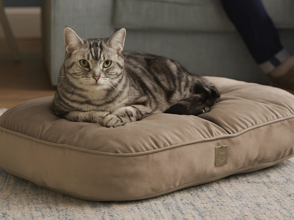 Legowisko dla kota ZOLUX Chambord welurowe z pikowaniem chesterfield Kot rasy American Shorthair (srebrny pręgowany) leży na dużej, prostokątnej poduszce dla zwierząt w kolorze beżowo-szarym. Poduszka ma dekoracyjny metalowy emblemat.