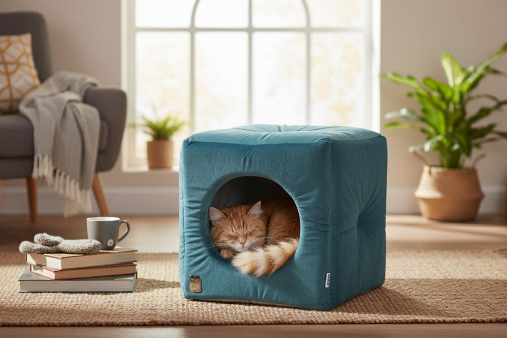 Legowisko dla kota ZOLUX Chambord Cube kostka 35x35x35 cm Rudy kot śpi zwinięty wewnątrz turkusowej budki w kształcie sześcianu. Budka stoi na dywanie w słonecznym salonie, obok stosu książek i kubka.