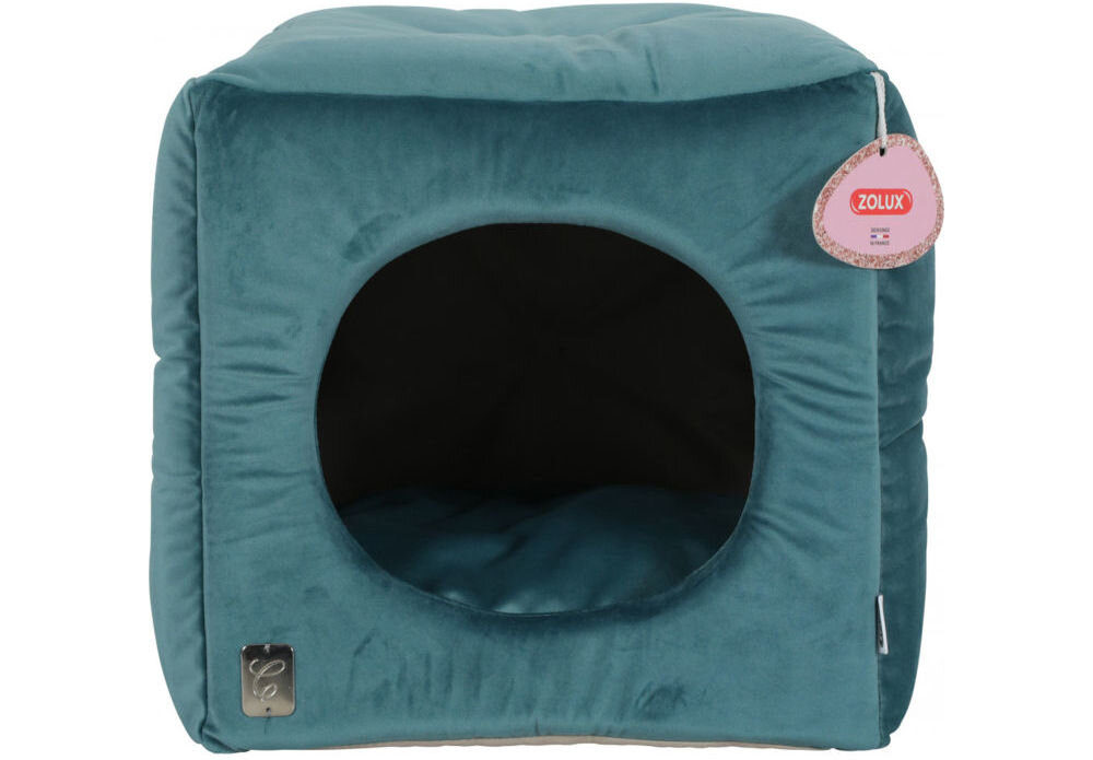 Legowisko dla kota ZOLUX Chambord Cube z zamkniętą konstrukcją 35 cm Zdjęcie produktu przedstawiające miękką, welurową budkę dla kota w kształcie sześcianu, w kolorze turkusowym. Ma okrągłe wejście z przodu i widoczną metkę producenta (ZOLUX).