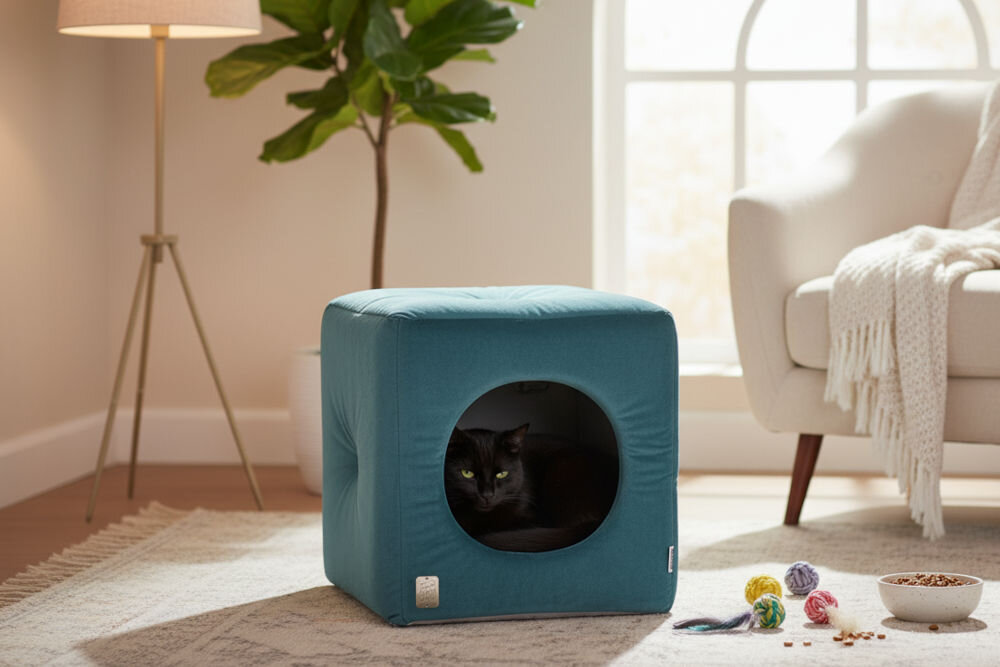 Legowisko dla kota ZOLUX Chambord Cube z pikowaniem chesterfield i metalową aplikacją C Czarny kot siedzi wewnątrz turkusowej budki, patrząc prosto przed siebie. Budka znajduje się na dywanie w salonie, obok widać rozrzucone zabawki i miskę z karmą.