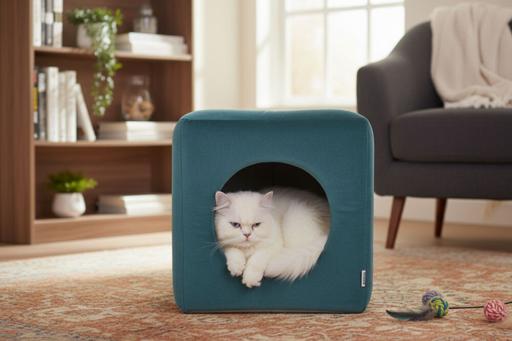 Legowisko dla kota ZOLUX Chambord Cube z wysokiej jakości tkaniny Biały, puszysty kot wychyla się z okrągłego wejścia turkusowej budki. Budka stoi na dywanie przed regałem z książkami i krzesłem.
