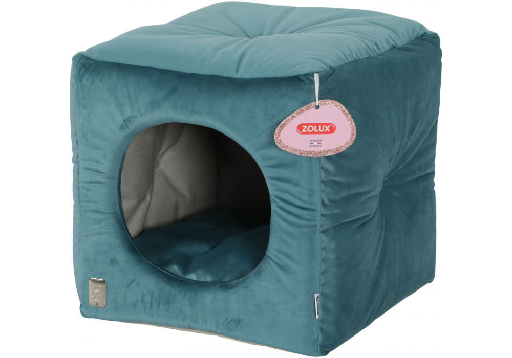 Legowisko dla kota ZOLUX Chambord Cube zapewniające wyciszenie i prywatność Zdjęcie produktu przedstawiające turkusową budkę dla kota, ujęcie z boku. Widoczne okrągłe wejście i jaśniejsza, pikowana górna powierzchnia, która może służyć jako dodatkowa poduszka do leżenia.