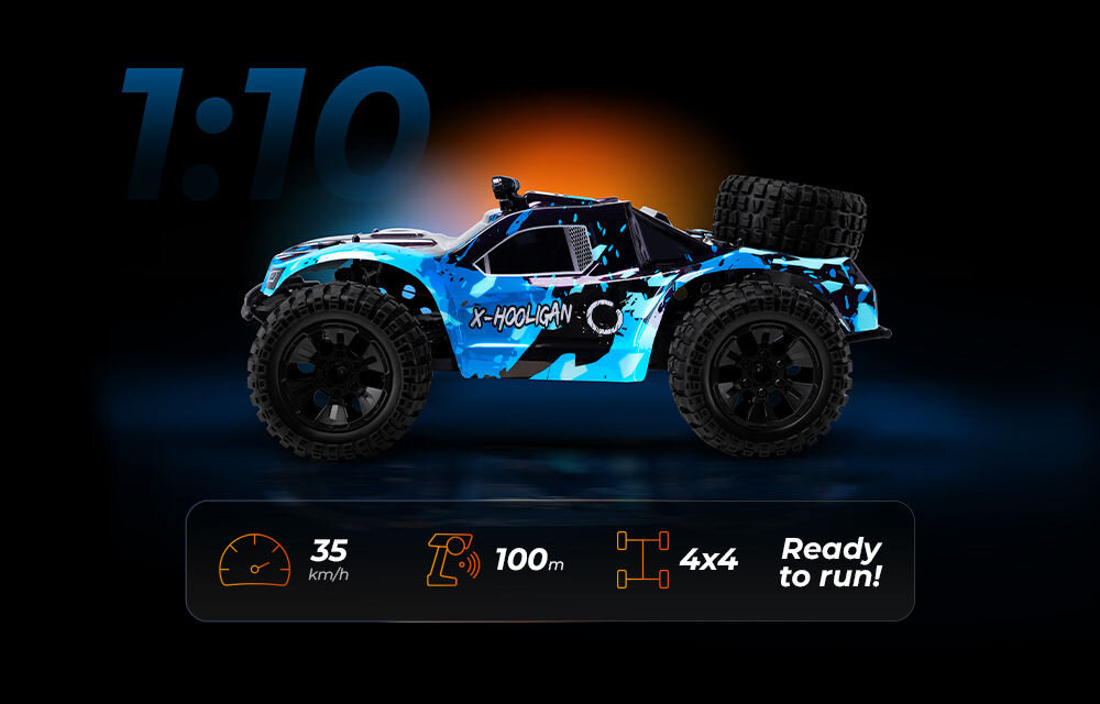 Samochód zdalnie sterowany OVERMAX X-Hooligan Widok boczny niebiesko-czarnego, zdalnie sterowanego samochodu X-HOOLIGAN (buggy) w skali 1:10 z zapasowym kołem na dachu. Panel informacyjny: prędkość 35 km/h, zasięg 100 m, napęd 4x4, gotowy do jazdy (Ready to run).