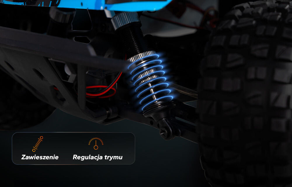 Samochód zdalnie sterowany OVERMAX X-Hooligan Zbliżenie na przednie zawieszenie modelu X-HOOLIGAN. Widoczny jest amortyzator ze sprężyną podświetloną na niebiesko. Panel informacyjny na dole wskazuje na funkcje: Zawieszenie i Regulacja trymu (trim).