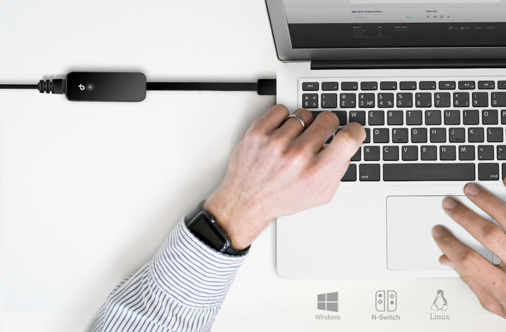 Karta sieciowa TP-LINK UE306 wystarczy podłączyć i korzystać, funkcja Plug and Play, wskaźnik diodowy, Nintendo Switch, Windows 11/10/8.1, macOS i Linux