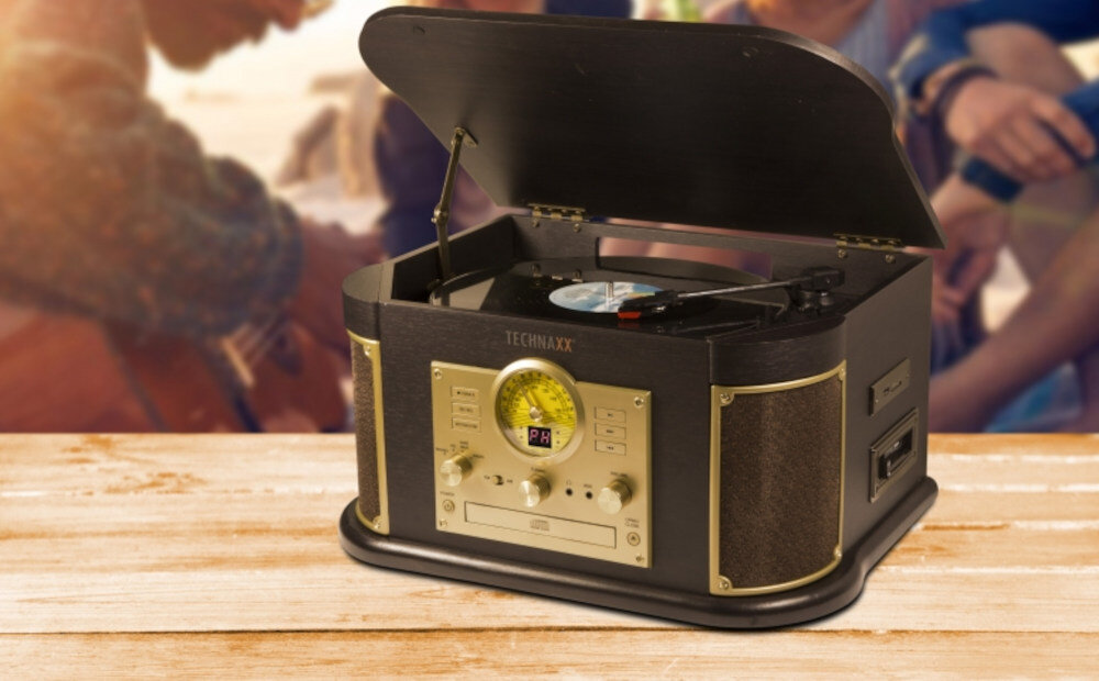 Gramofon TECHNAXX Nostalgia All-in-One TX-103 Bluetooth USB funkcje multimedialne styl retro napęd pasowy półautomatyczne sterowanie ceramiczna wkładka stereo głośniki moc ulubiona muzyka