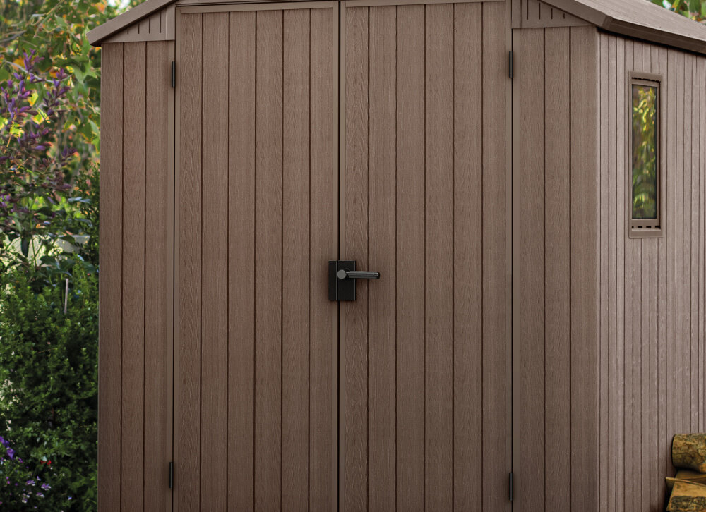 KETER drzwi dwuskrzydłowe bok przestronny narzędzia kosiarka zabawki porządek podwórko ochrona ogród działka funkcjonalne rozwiązanie przechowywanie potrzeby