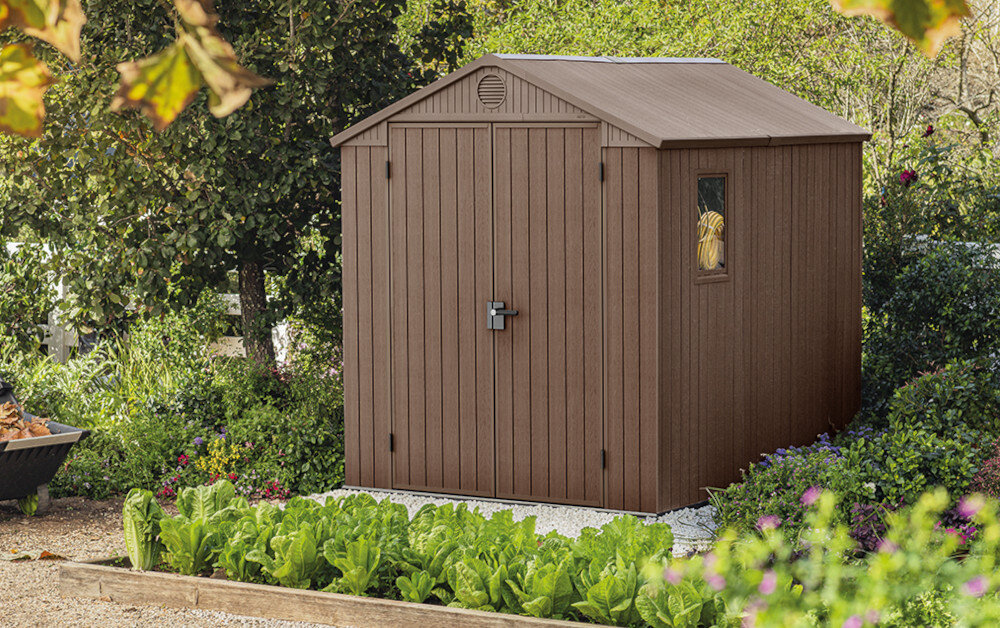 KETER domek płaskie podłoże śruby podłoga okno światło izolacja wilgoć dwuspadowy dach deszcz śnieg