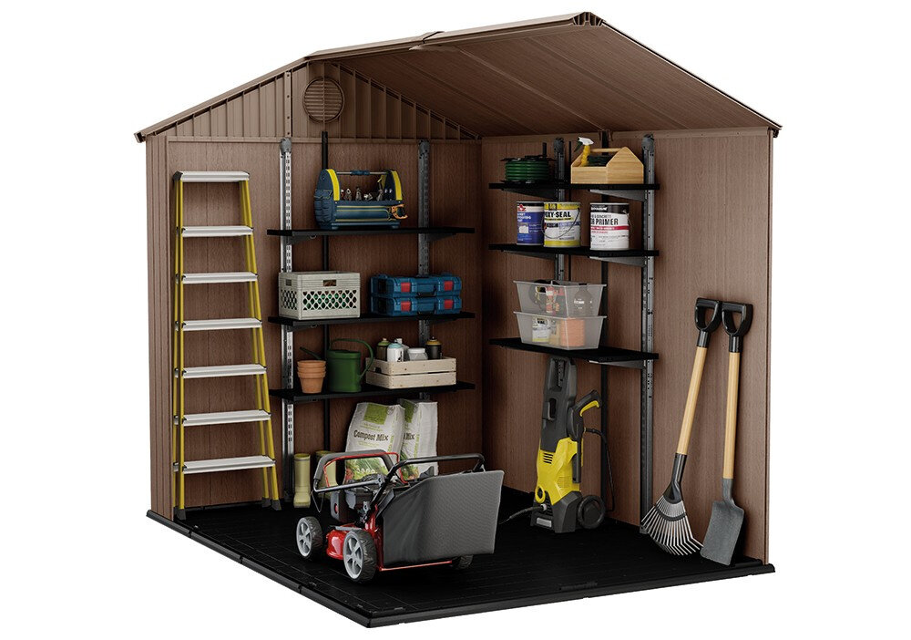 KETER drzwi dwuskrzydłowe bok przestronny narzędzia kosiarka zabawki porządek podwórko ochrona ogród działka funkcjonalne rozwiązanie przechowywanie potrzeby