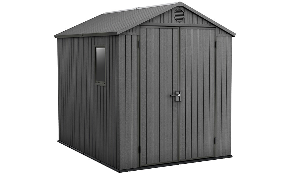 KETER drzwi dwuskrzydłowe bok przestronny narzędzia kosiarka zabawki porządek podwórko ochrona ogród działka funkcjonalne rozwiązanie przechowywanie potrzeby