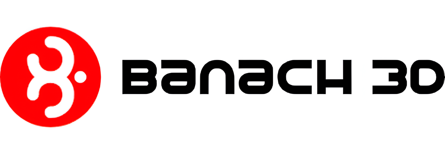Logo Banach 3D z czerwonym okręgiem i białym symbolem po lewej stronie oraz czarnym napisem \'BANACH 3D\' po prawej.